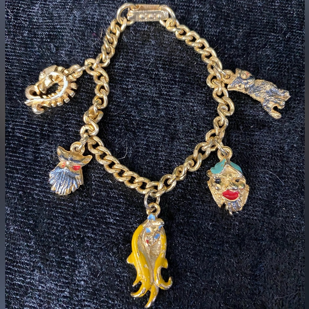 Vintage Goldtone Kids Charm Bracelet Long Blonde Hair Fish Wolf